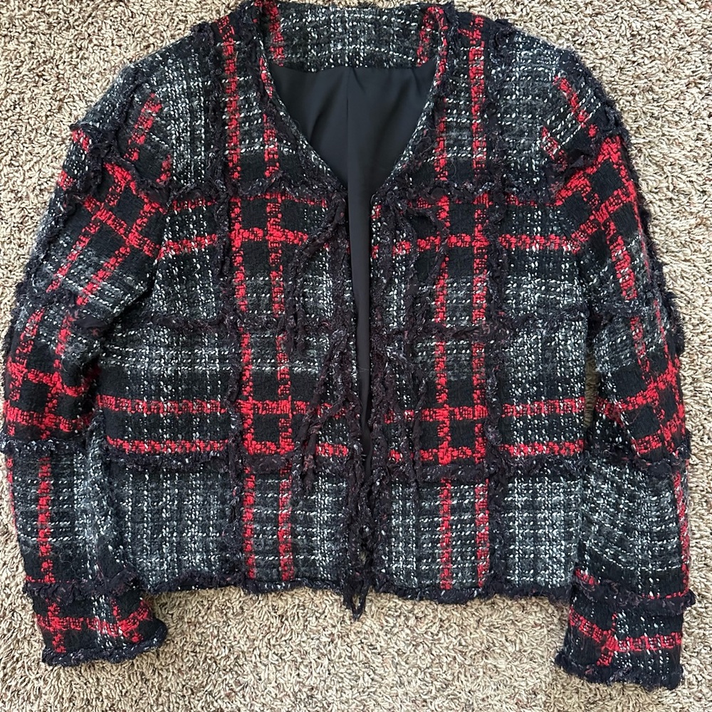 The Kooples Red and Black Blazer Textured Plaid Jacket